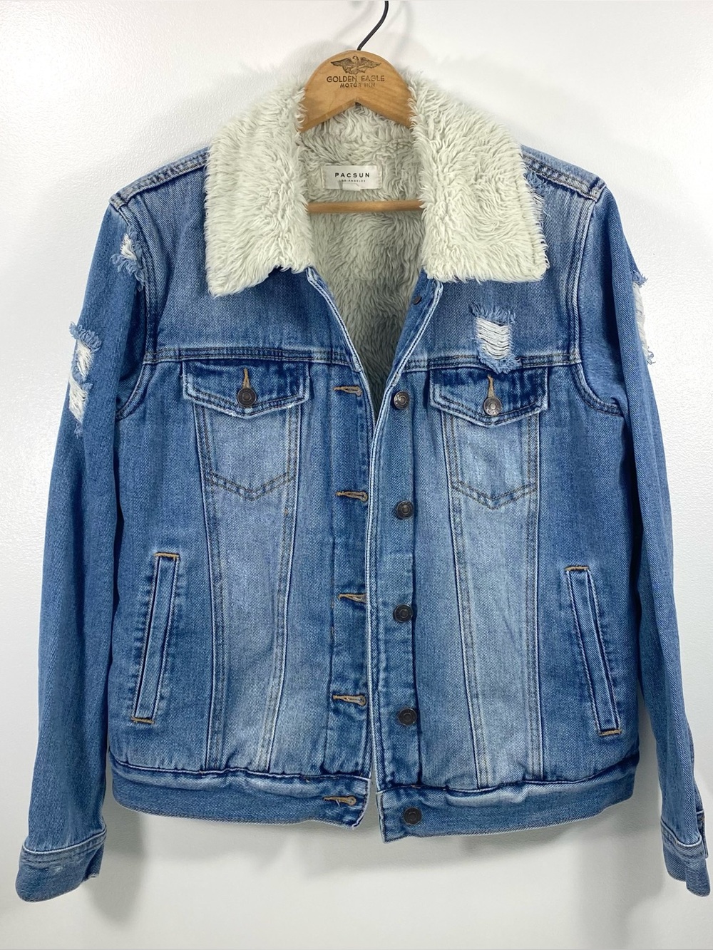 Pacsun LA Distressed Trucker Denim Jean Jacket with Faux Fur Teddy Bear Lining M